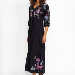 Johnny Was Black Maxi Dress with Floral Embroidery